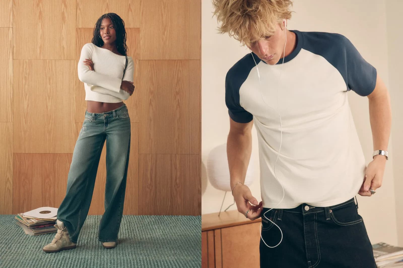 A woman in a white sweater and jeans stands on the left, while a man in a white and blue shirt with headphones looks down on the right.