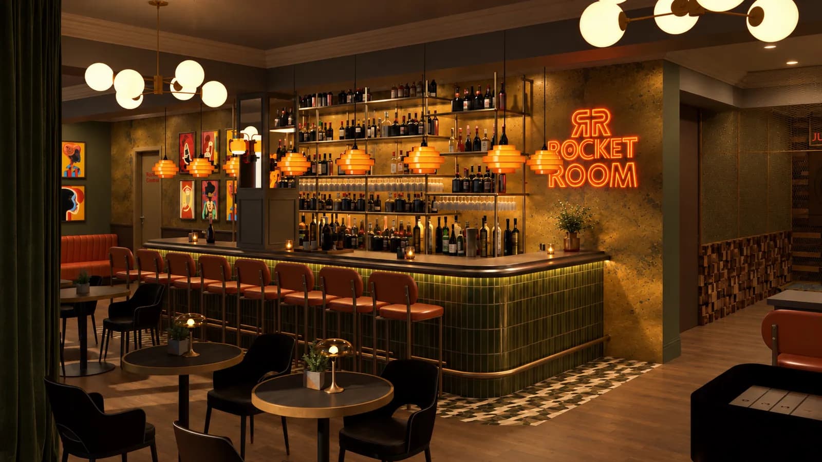 A chic bar with a green tiled counter, a neon sign that reads "Rocket Room", and rows of liquor bottles on shelves, with a few small round tables with chairs in the foreground.